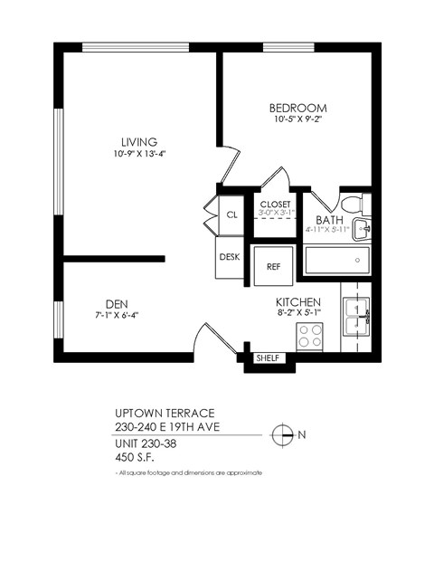 Floor plan for 1 bed, 1 bath, 450 sqft